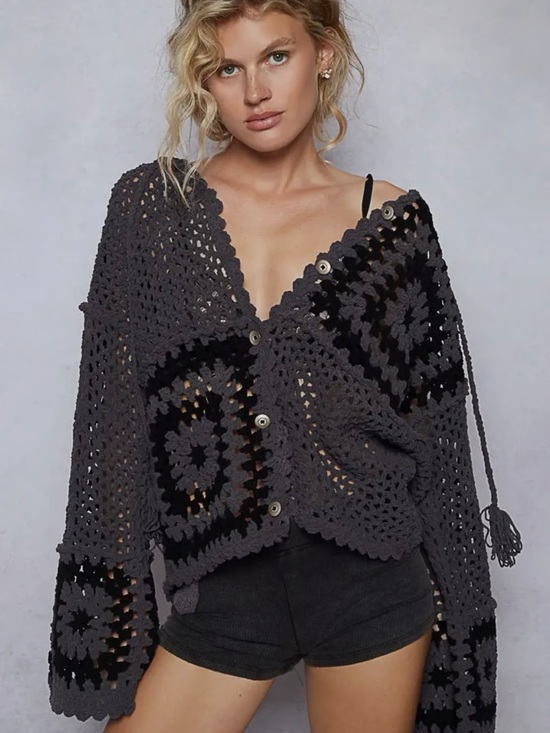 POL Sweaters - POL Charcoal Crochet Button‑Front Cardigan Sweater Knit Squares Size L